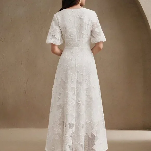White Elegant Women's Floral Embellished Mid-Sleeve Midi Dress